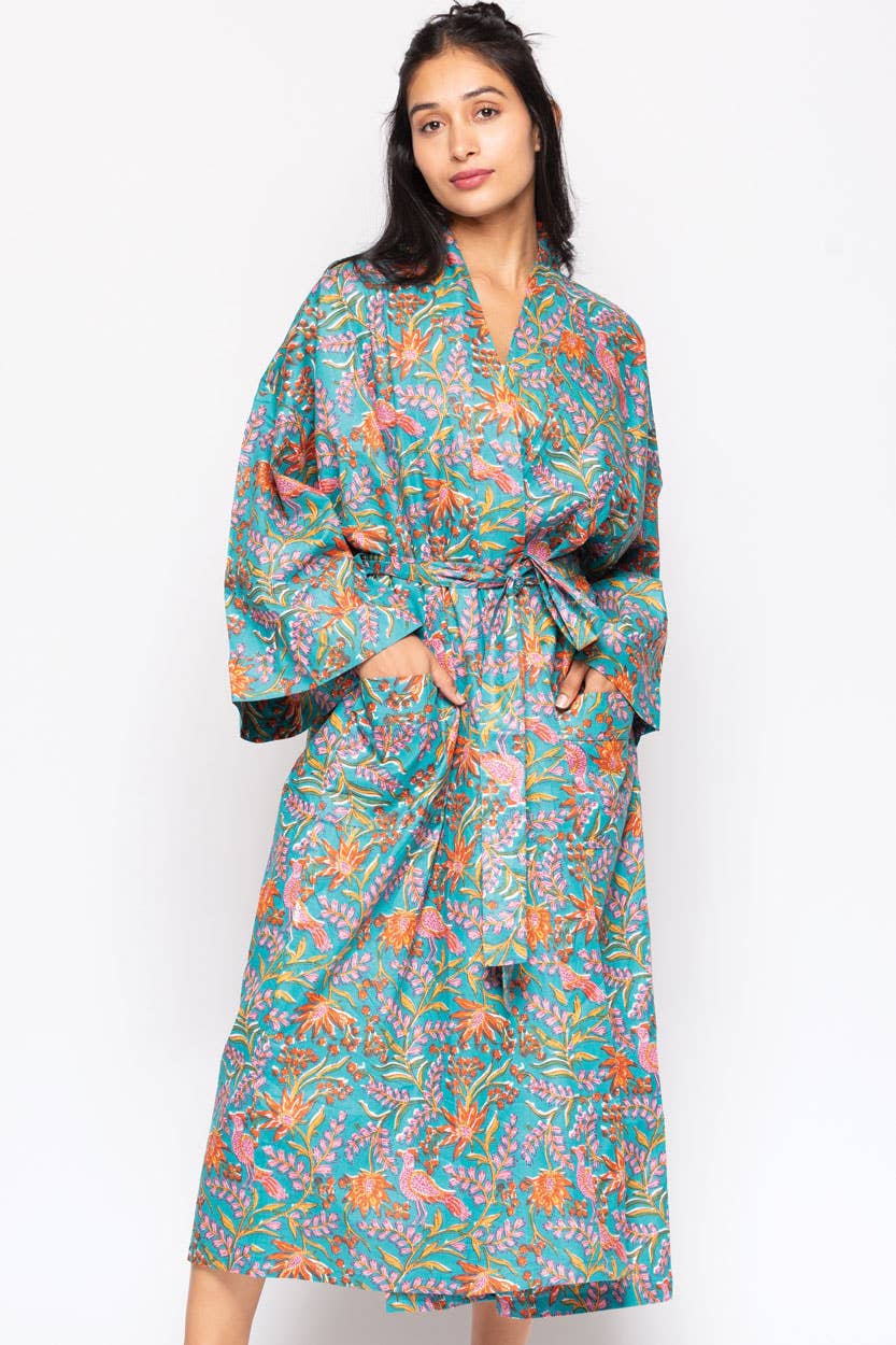 Reva Block Print Kimono Robes: Blue Multi