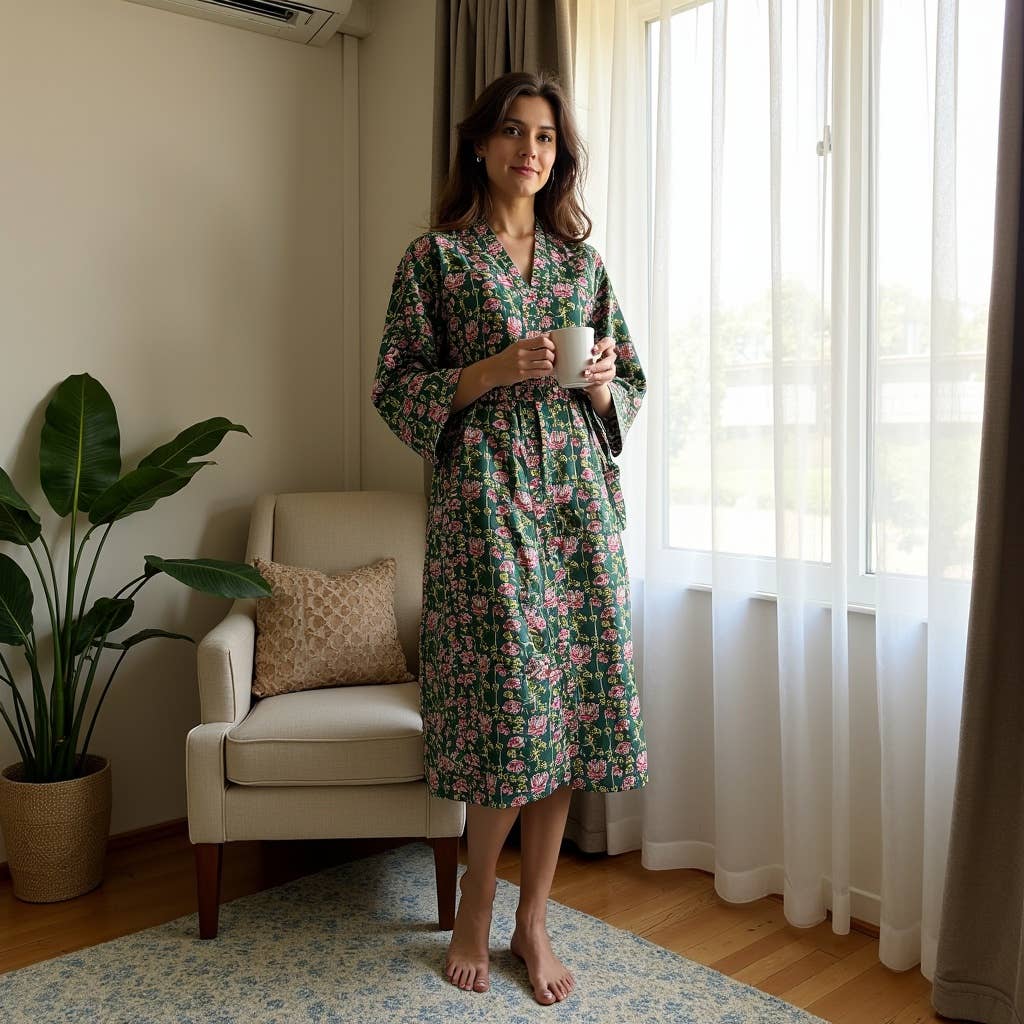 Womens Kimono Robe - Floral Garden cotton print green + bag: 44 / L