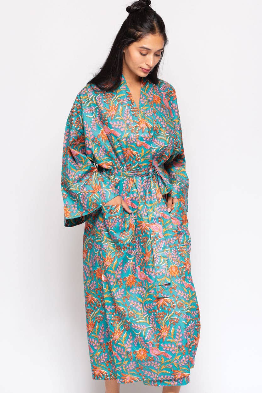 Reva Block Print Kimono Robes: Blue Multi