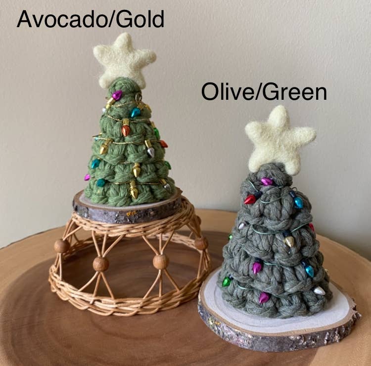 Holiday LIGHTED Mini Macrame Tree Working Fairy Lights: Multi-Colour / Avocado Brighter Green
