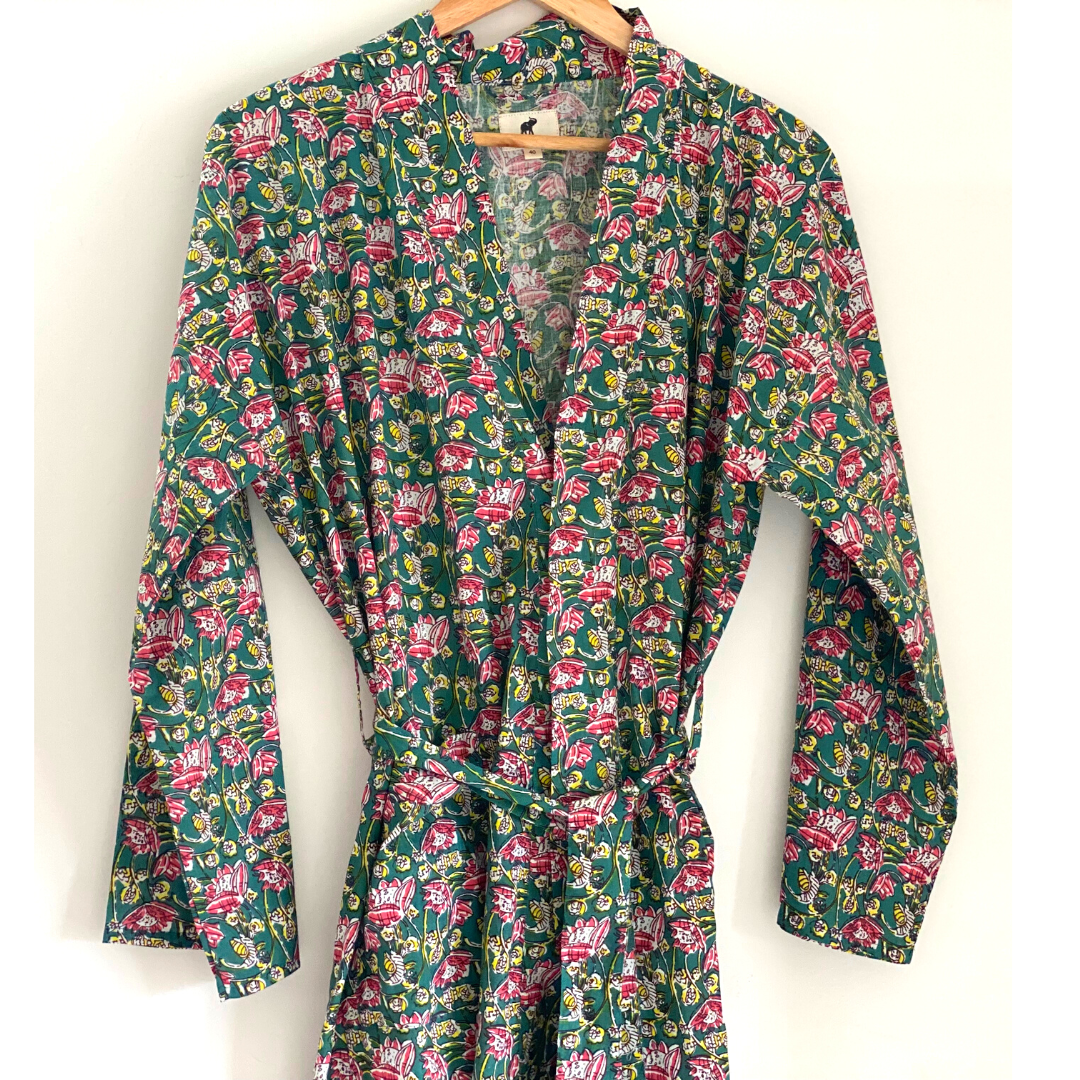 Womens Kimono Robe - Floral Garden cotton print green + bag: 44 / L