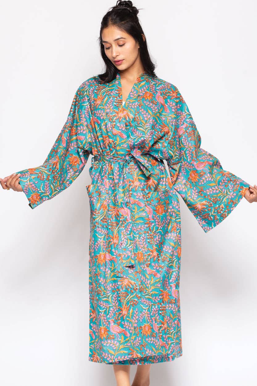 Reva Block Print Kimono Robes: Blue Multi