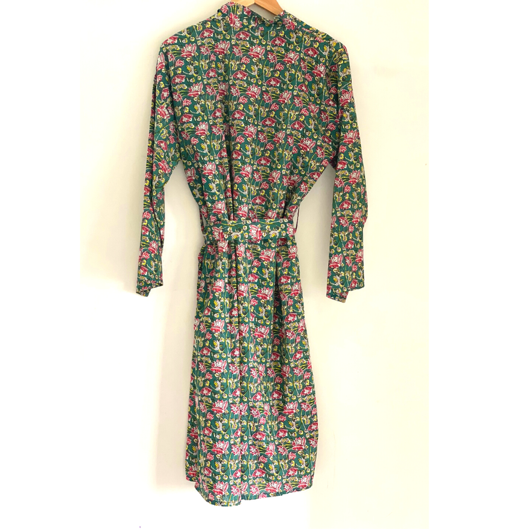 Womens Kimono Robe - Floral Garden cotton print green + bag: 44 / L