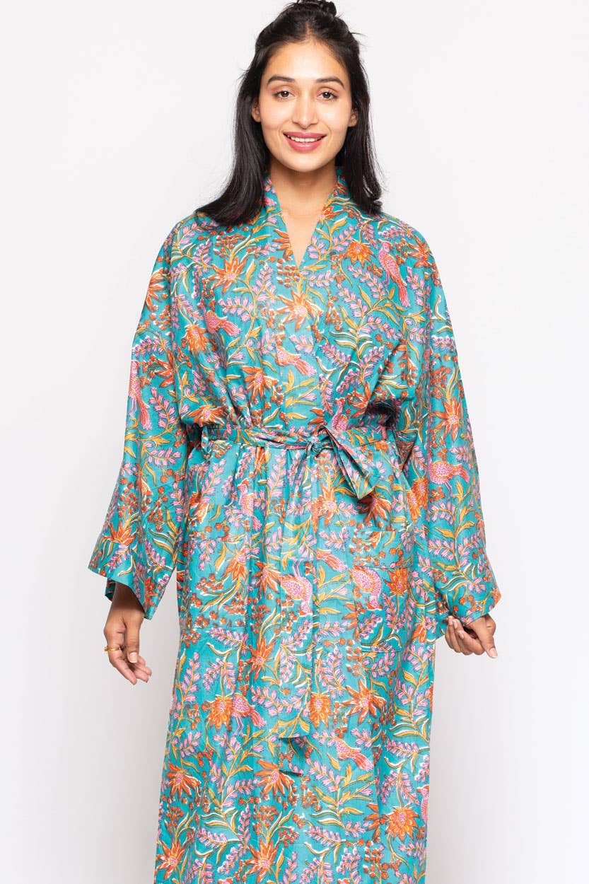 Reva Block Print Kimono Robes: Blue Multi