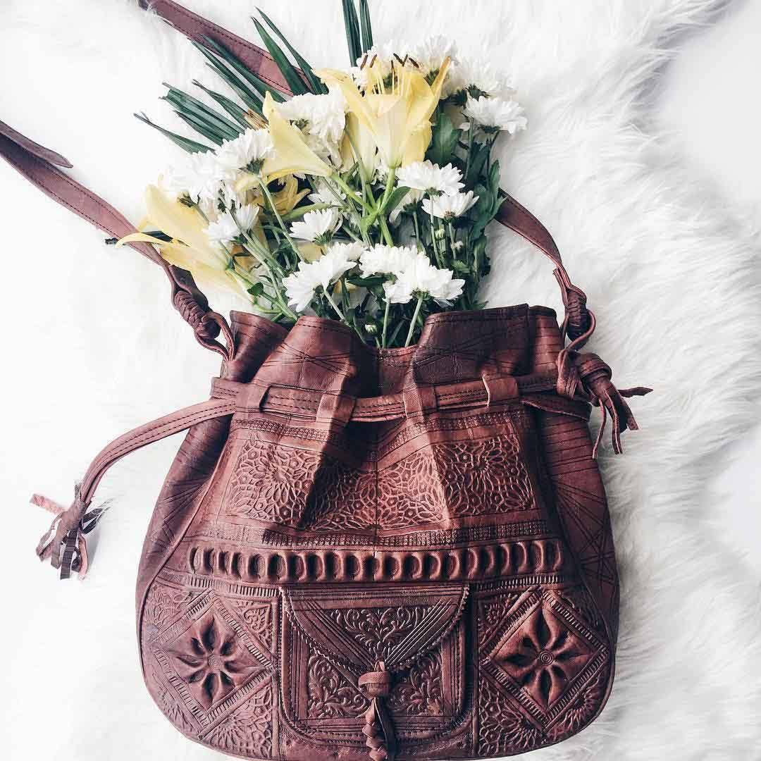 Moroccan Leather Bucket Shoulder Drawstring Bag