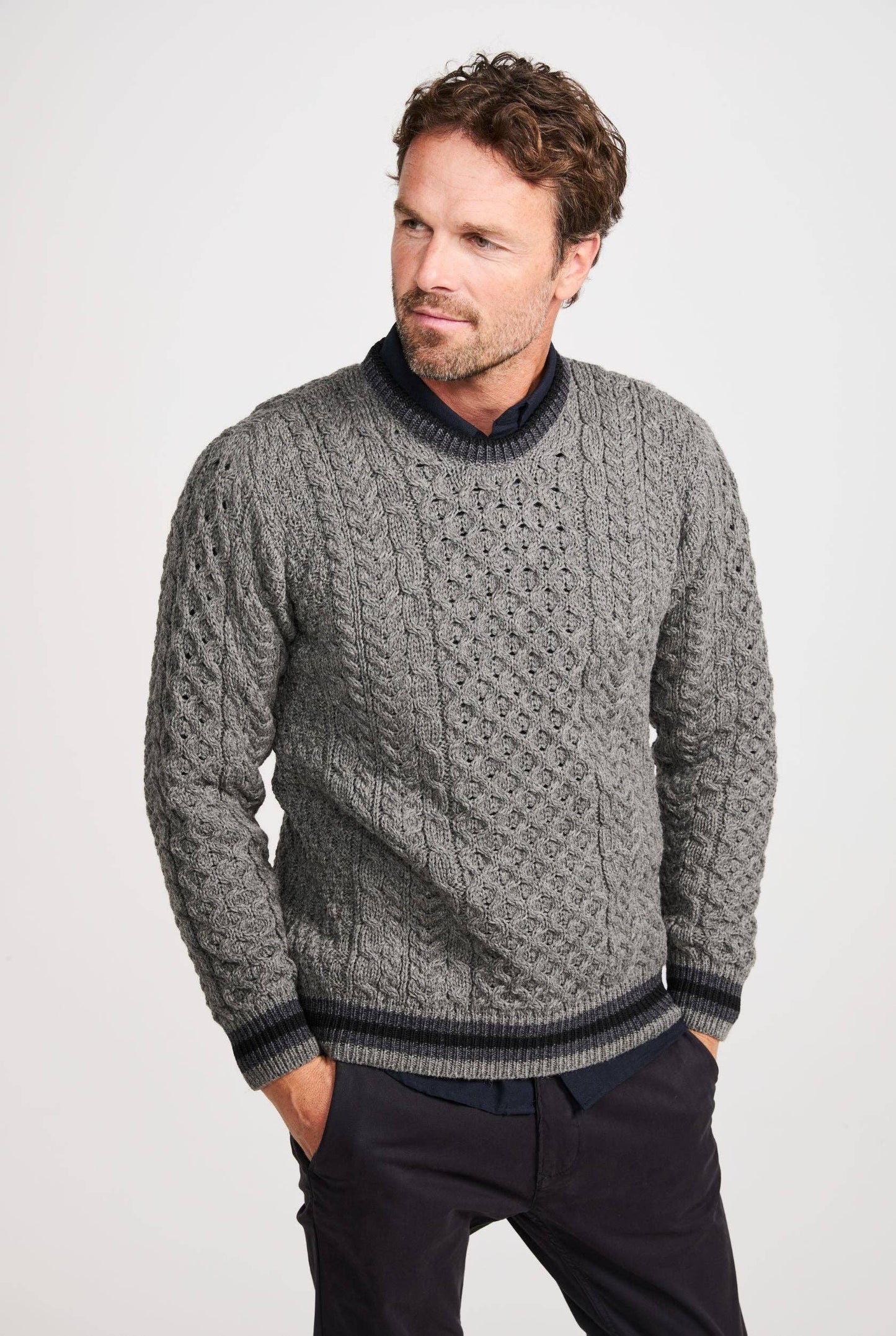 Inishbeg Mens Stripe Crewneck Aran Sweater - Grey