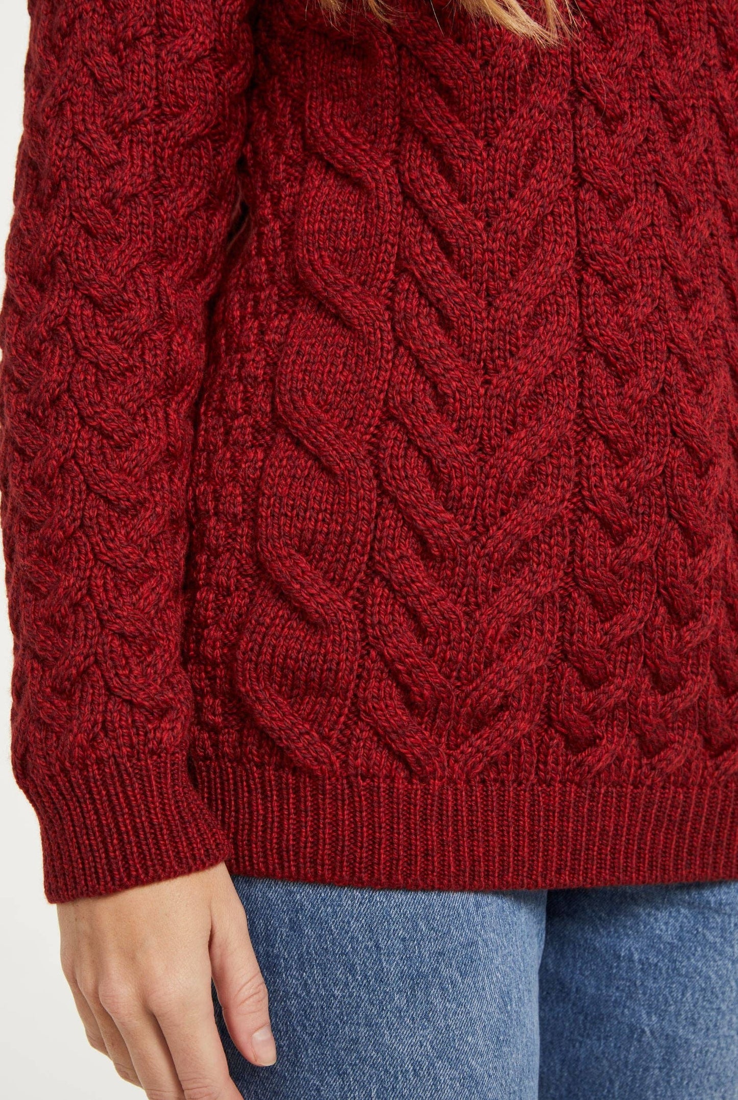 Omey Ladies Aran Crew Neck Sweater - Rua Red: S