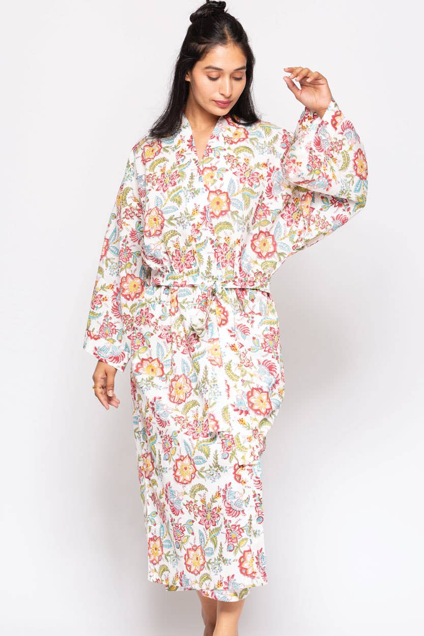 Reva Block Print Kimono Robes: Blue Multi