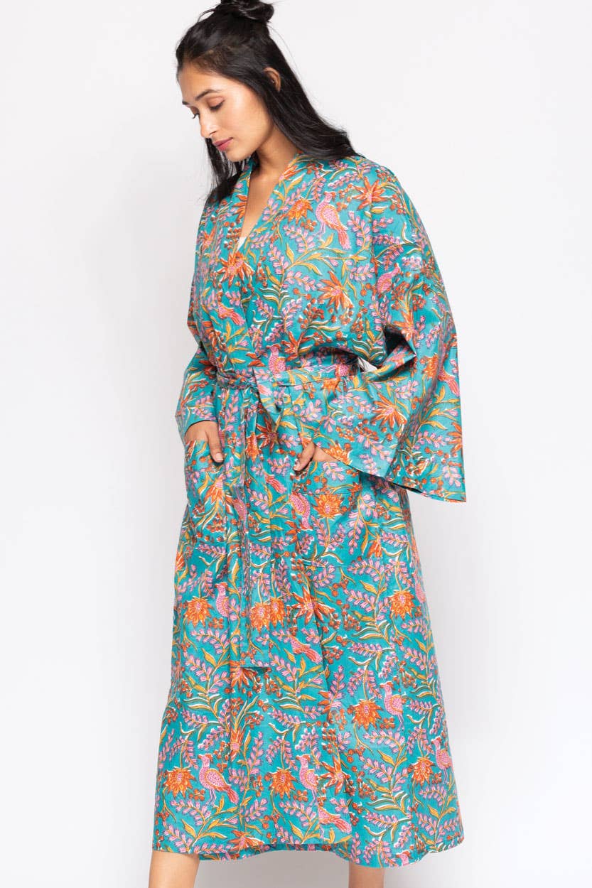 Reva Block Print Kimono Robes: Blue Multi