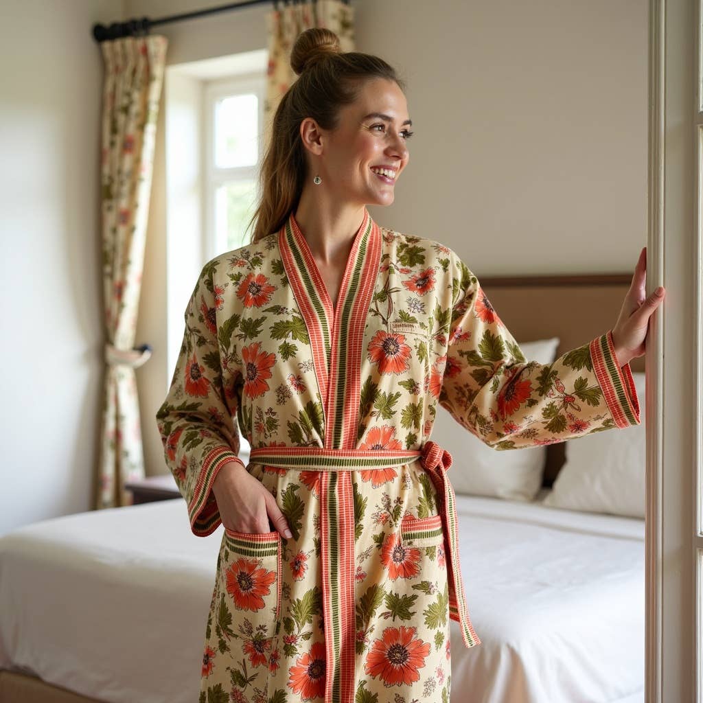 Womens Kimono Robe - Orange Floral with Border: 52/54 / M