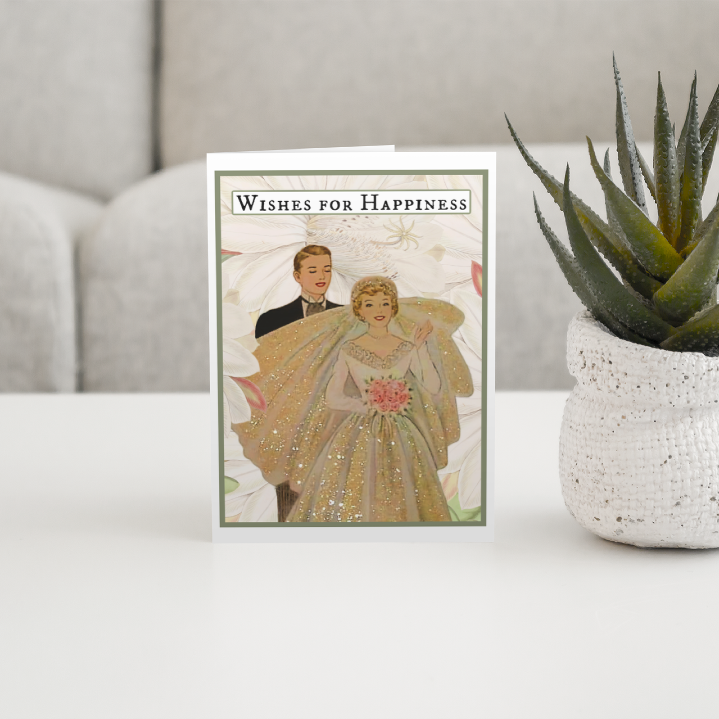 Wedding Card. Vintage Bride and Groom. Wishes for Happiness.