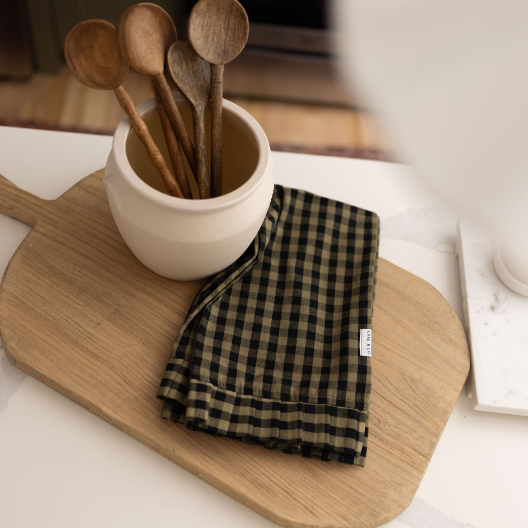 Ruffle Olive Green Gingham Kitchen Dish Towel