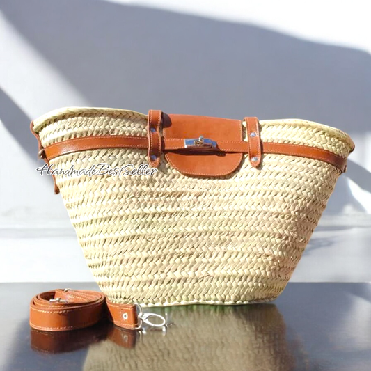 Handwoven Moroccan Straw bag with Leather Straps and Closure