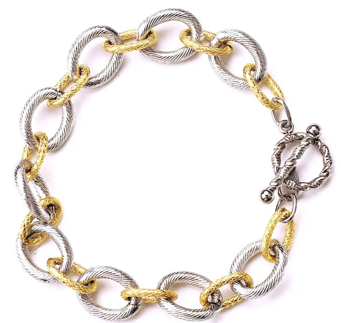 Two Tone Etched Steel Link Toggle Bracelet