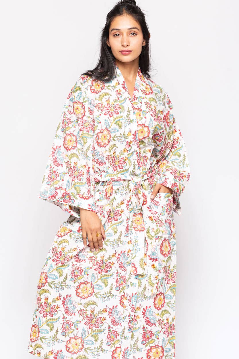 Reva Block Print Kimono Robes: Blue Multi