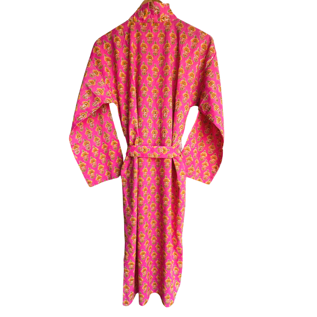 Womens Kimono Robe - All over Buti in Pink & orange cotton: 44 / S