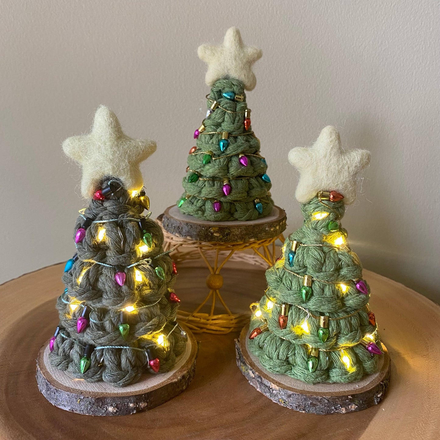 Holiday LIGHTED Mini Macrame Tree Working Fairy Lights: Multi-Colour / Avocado Brighter Green