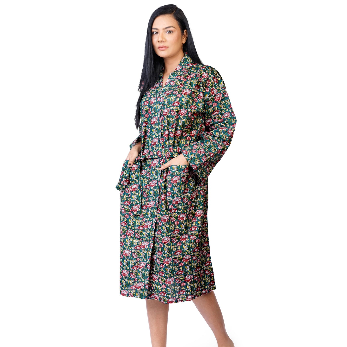 Womens Kimono Robe - Floral Garden cotton print green + bag: 44 / L