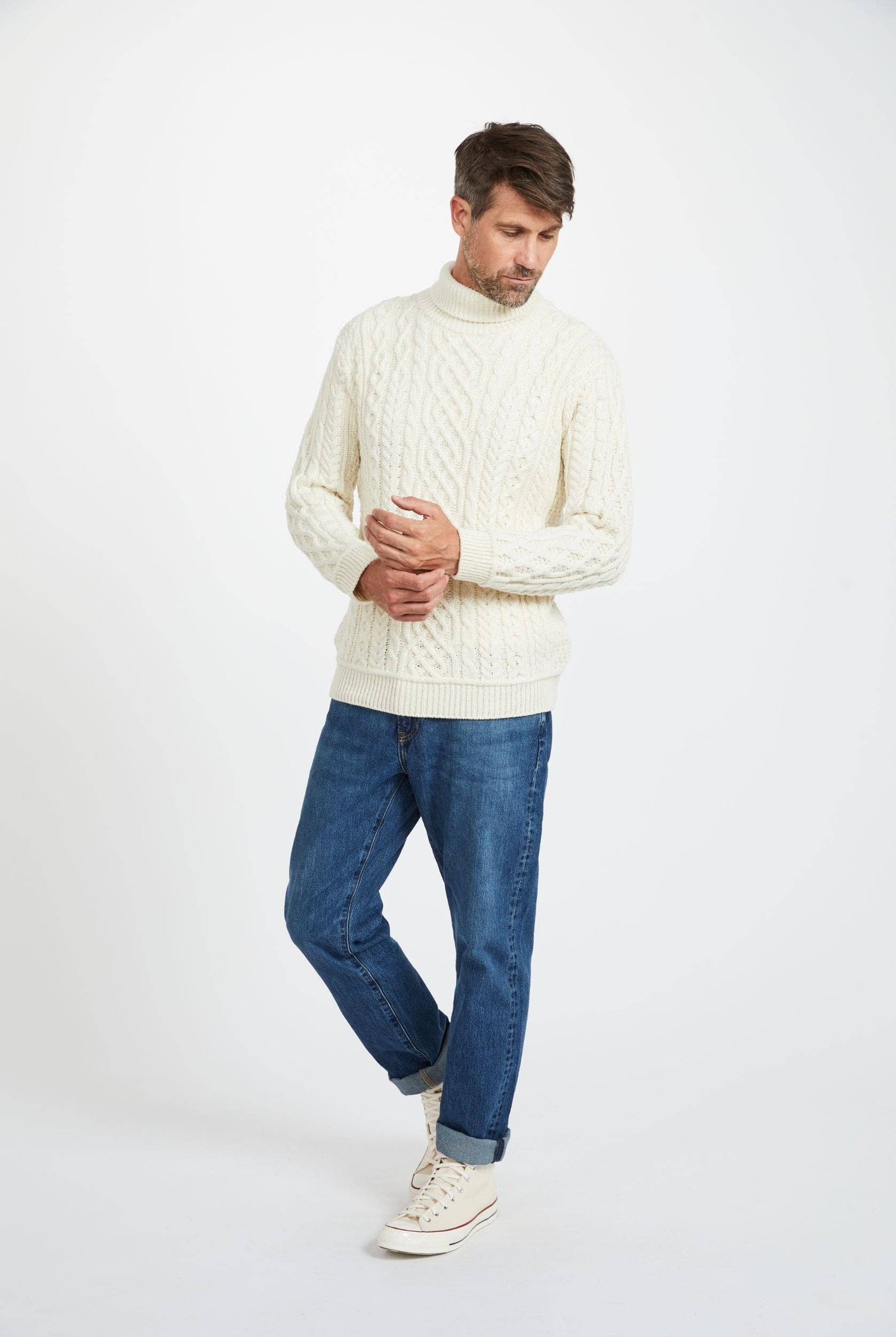 Kylemore Mens Aran Polo Neck Sweater - Cream: S