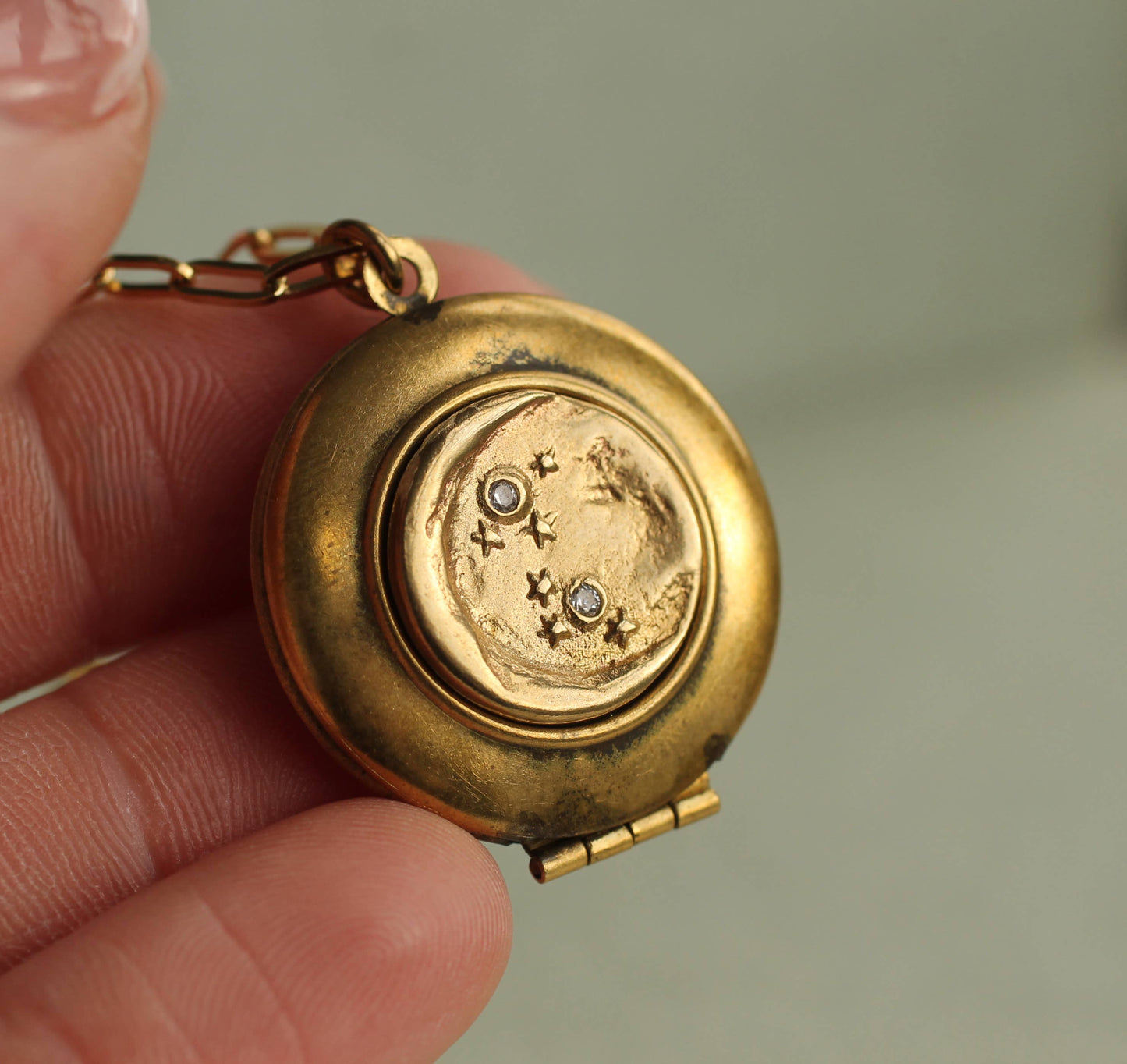 Gold Moon & Star Locket Necklace: 18"