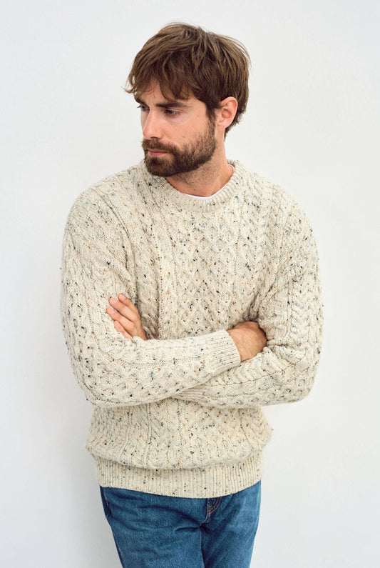 Inishbofin Mens Traditional Aran Sweater -  Flecked Cream