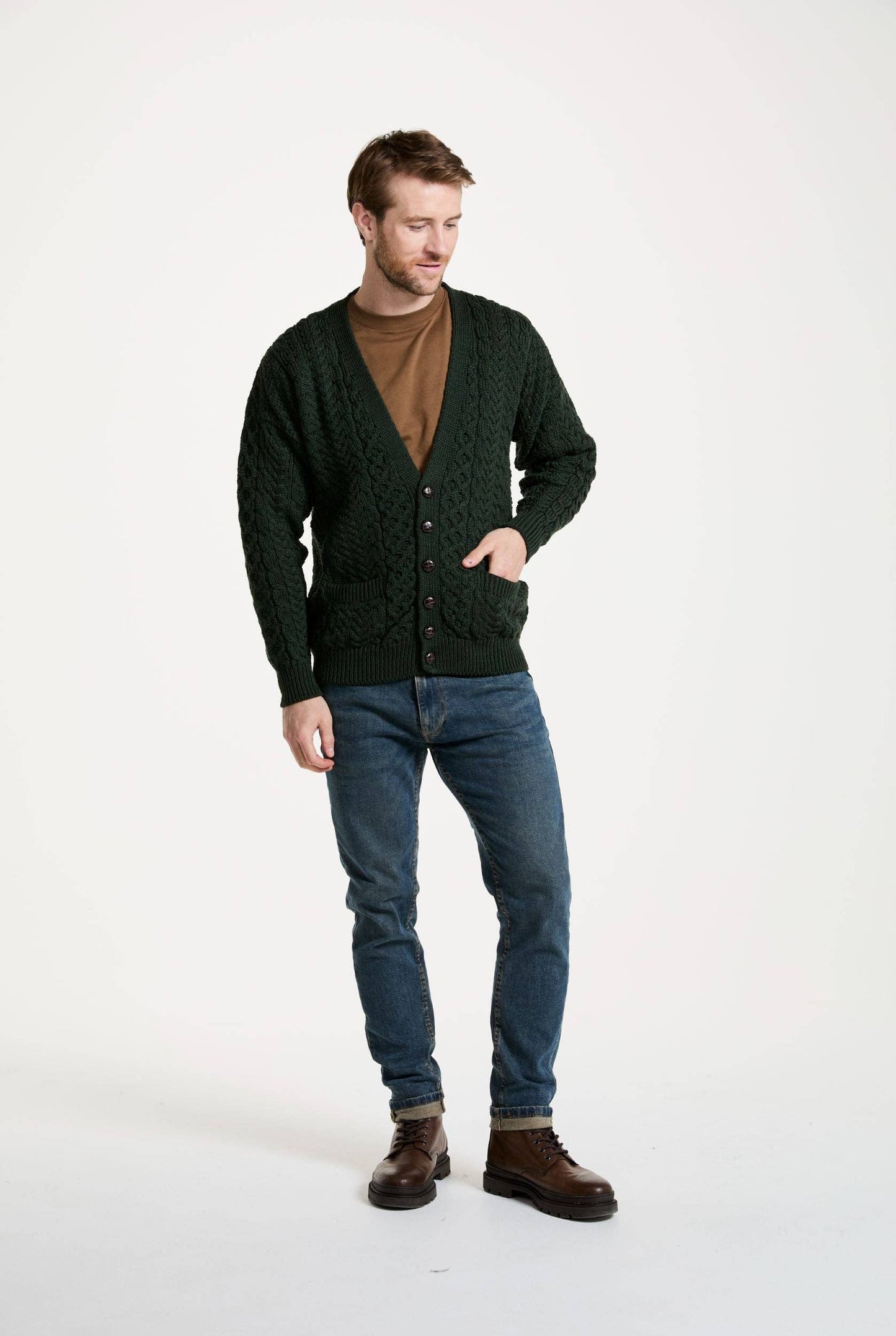 Clare Island Mens Merino Aran Cardigan - Green