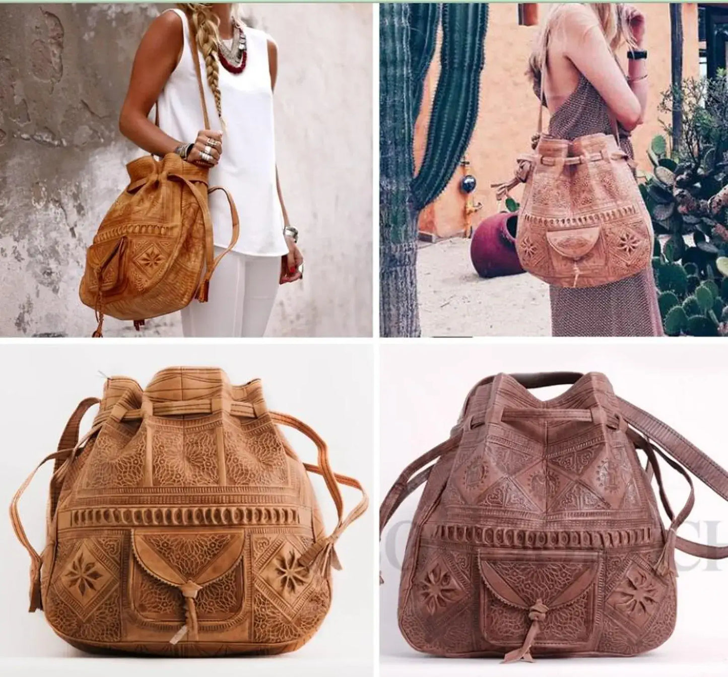 Moroccan Leather Bucket Shoulder Drawstring Bag