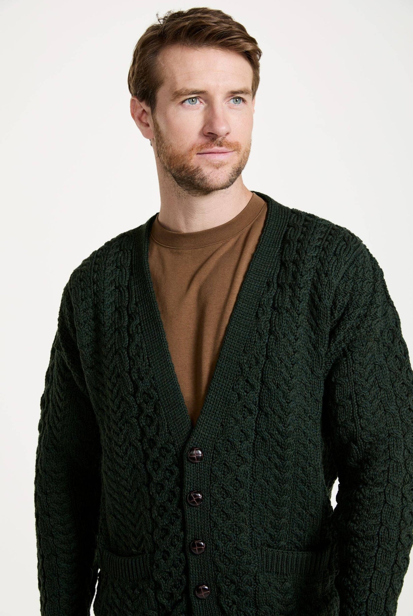 Clare Island Mens Merino Aran Cardigan - Green