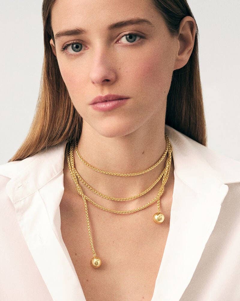 Audrey Lariat Rope Tassel Ball Chain Wrap Steel Necklace: Yellow Gold
