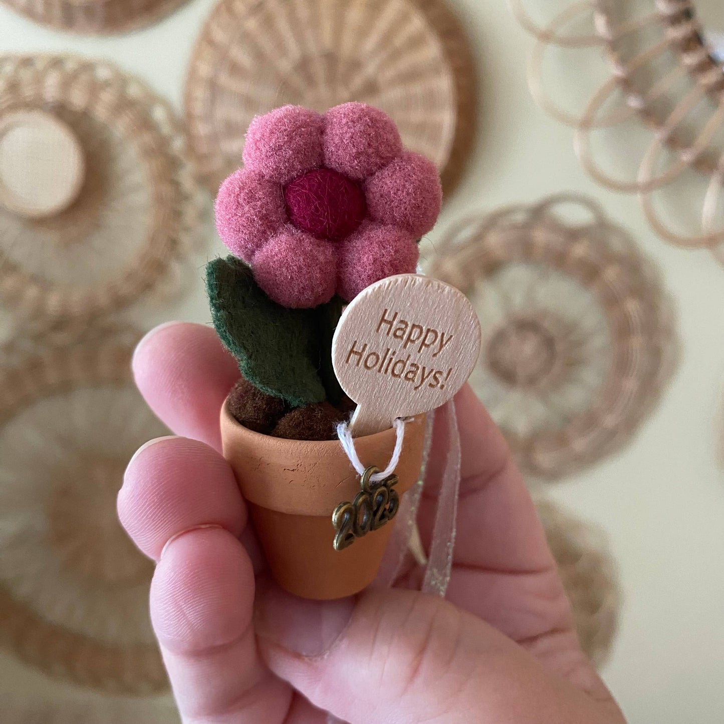 Holiday Mini Pom, Macrame/Felt Flower Tree Ornament: Burgundy w/ Knotted Middle