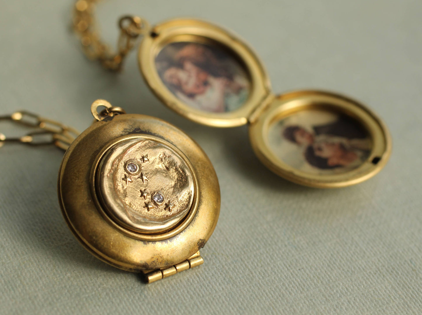 Gold Moon & Star Locket Necklace: 18"