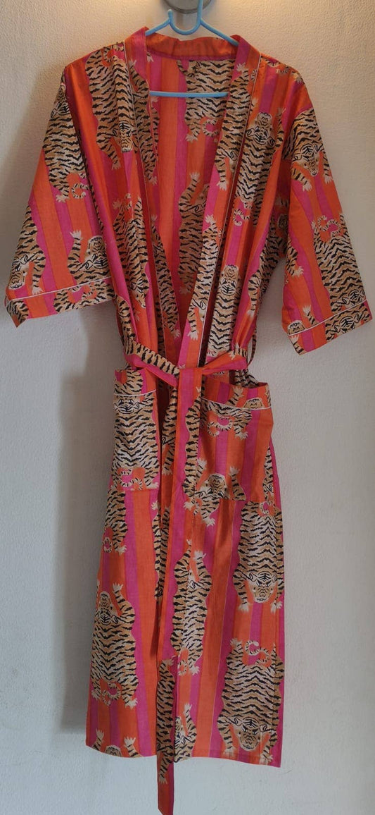 Cotton Kimono/Robe: Pink & Orange Tiger