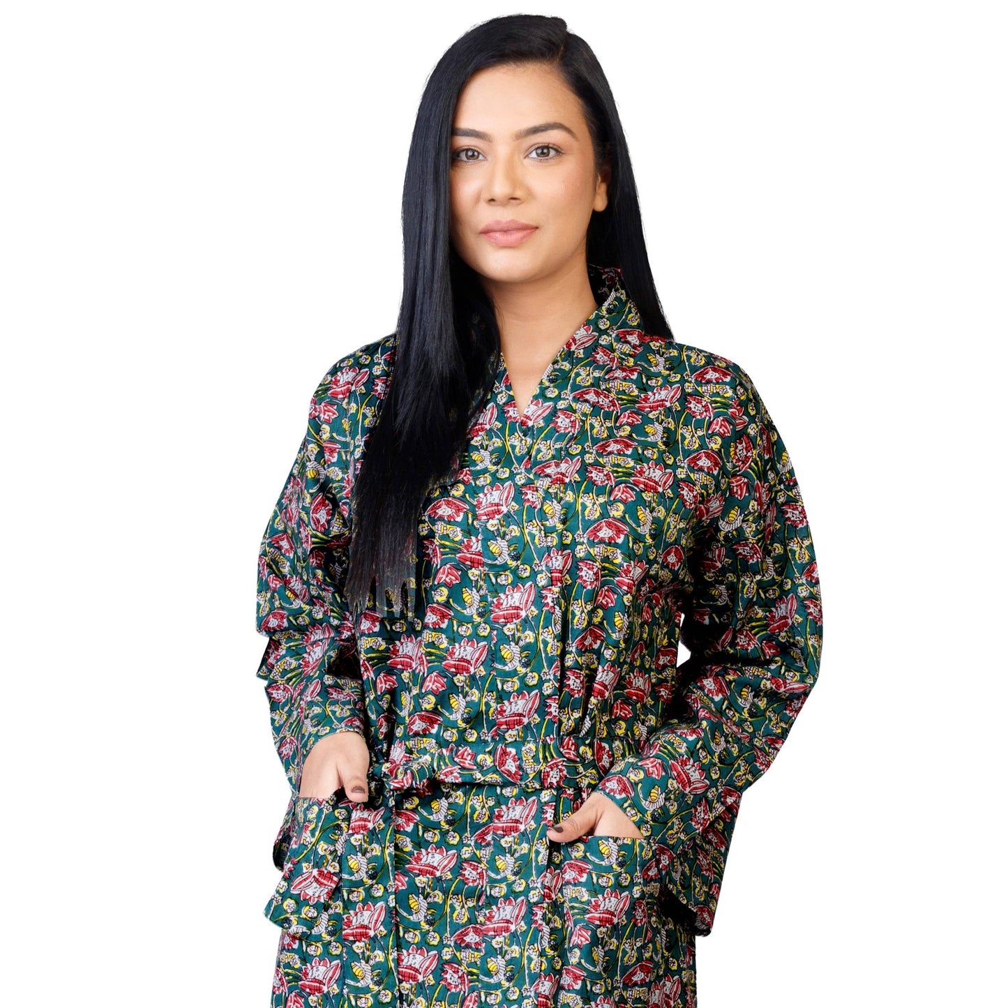 Womens Kimono Robe - Floral Garden cotton print green + bag: 44 / L