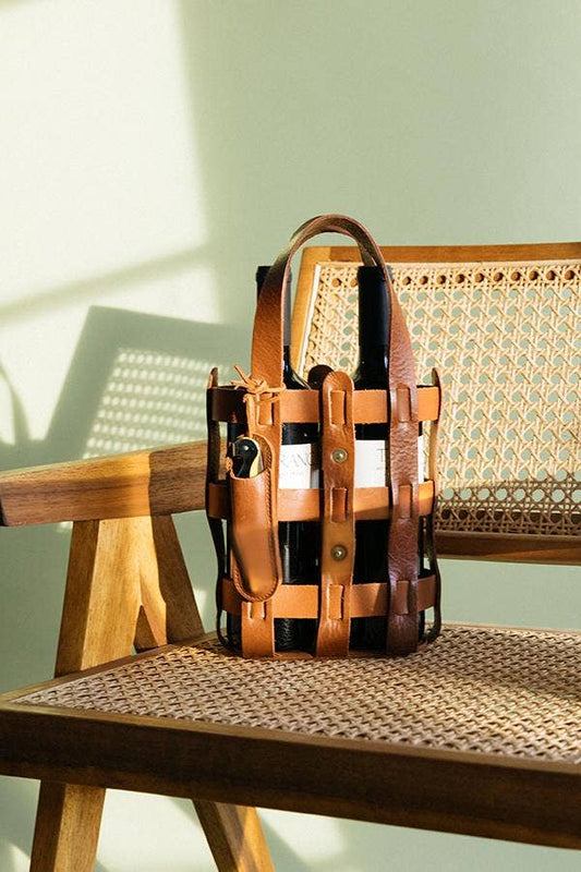 Leather Wine Tote: Tan