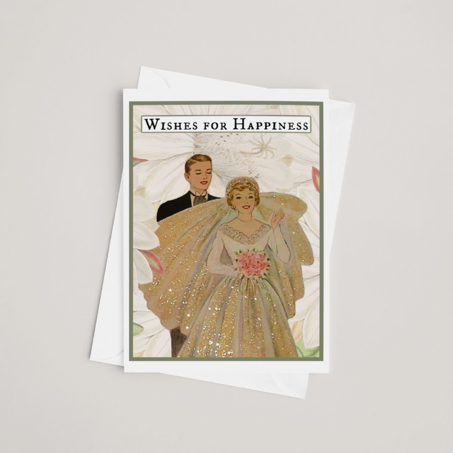 Wedding Card. Vintage Bride and Groom. Wishes for Happiness.