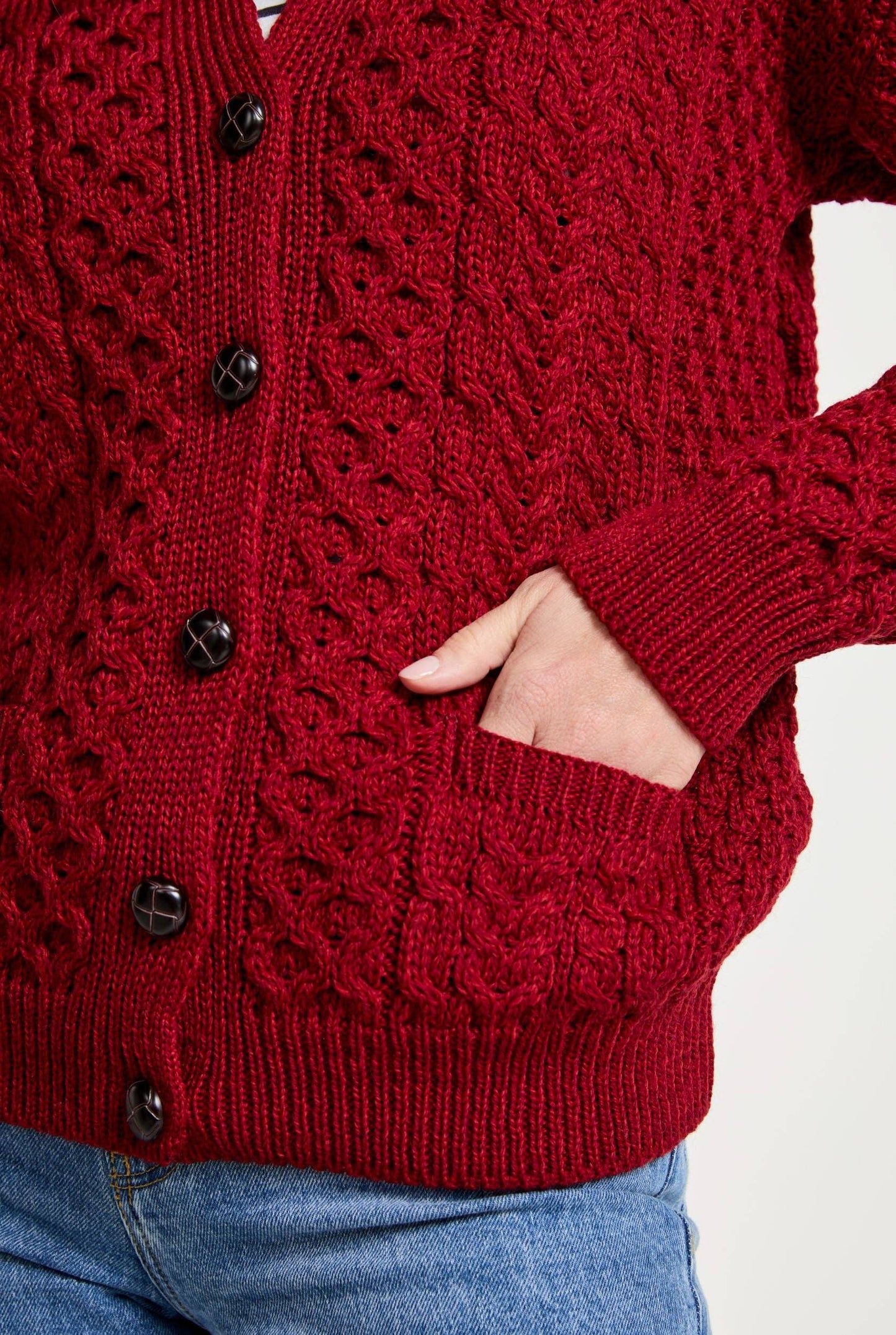 Achill Island Ladies Merino Aran Cardigan - Red
