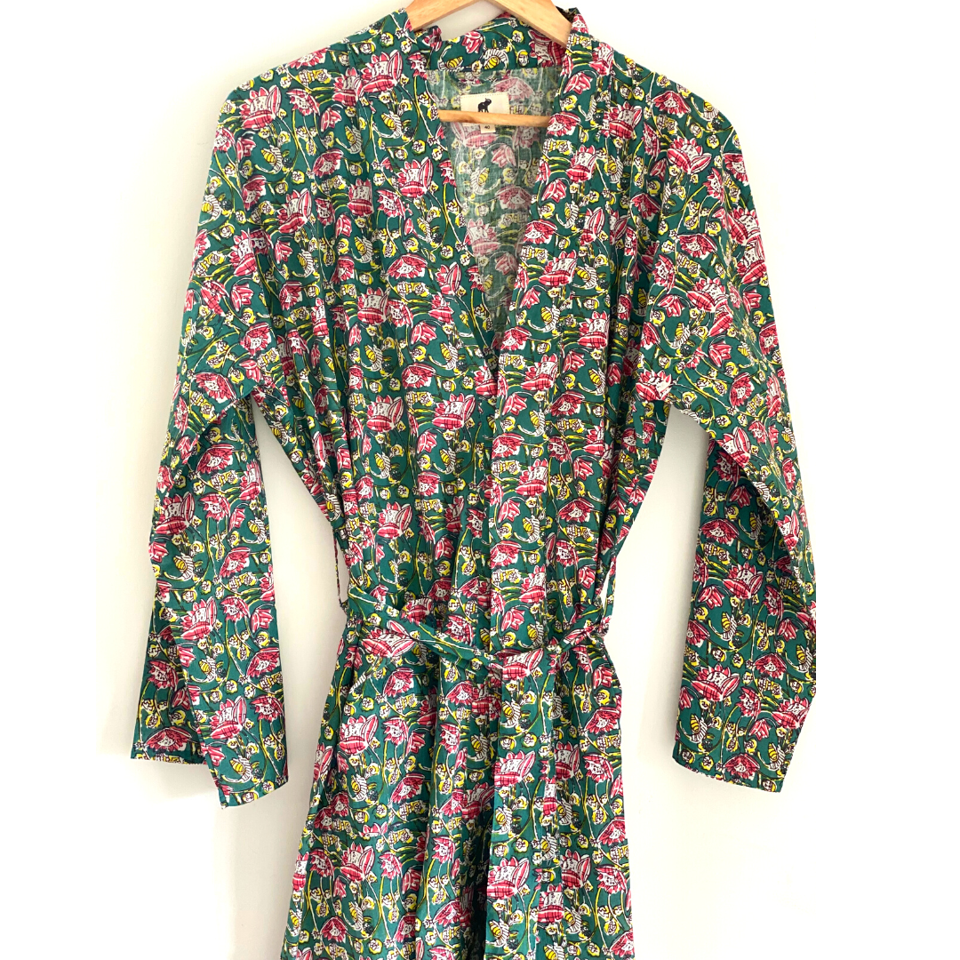 Womens Kimono Robe - Floral Garden cotton print green + bag: 44 / L