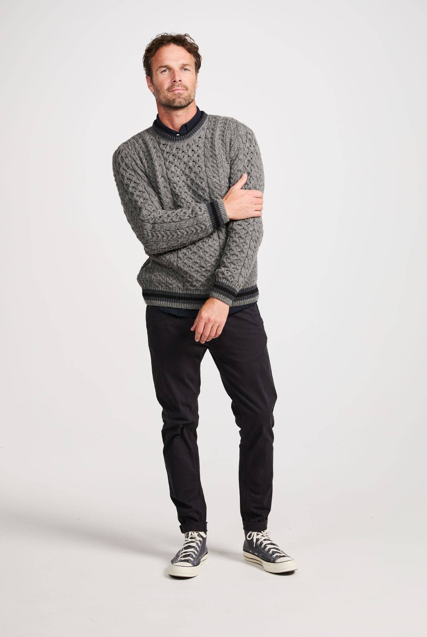 Inishbeg Mens Stripe Crewneck Aran Sweater - Grey