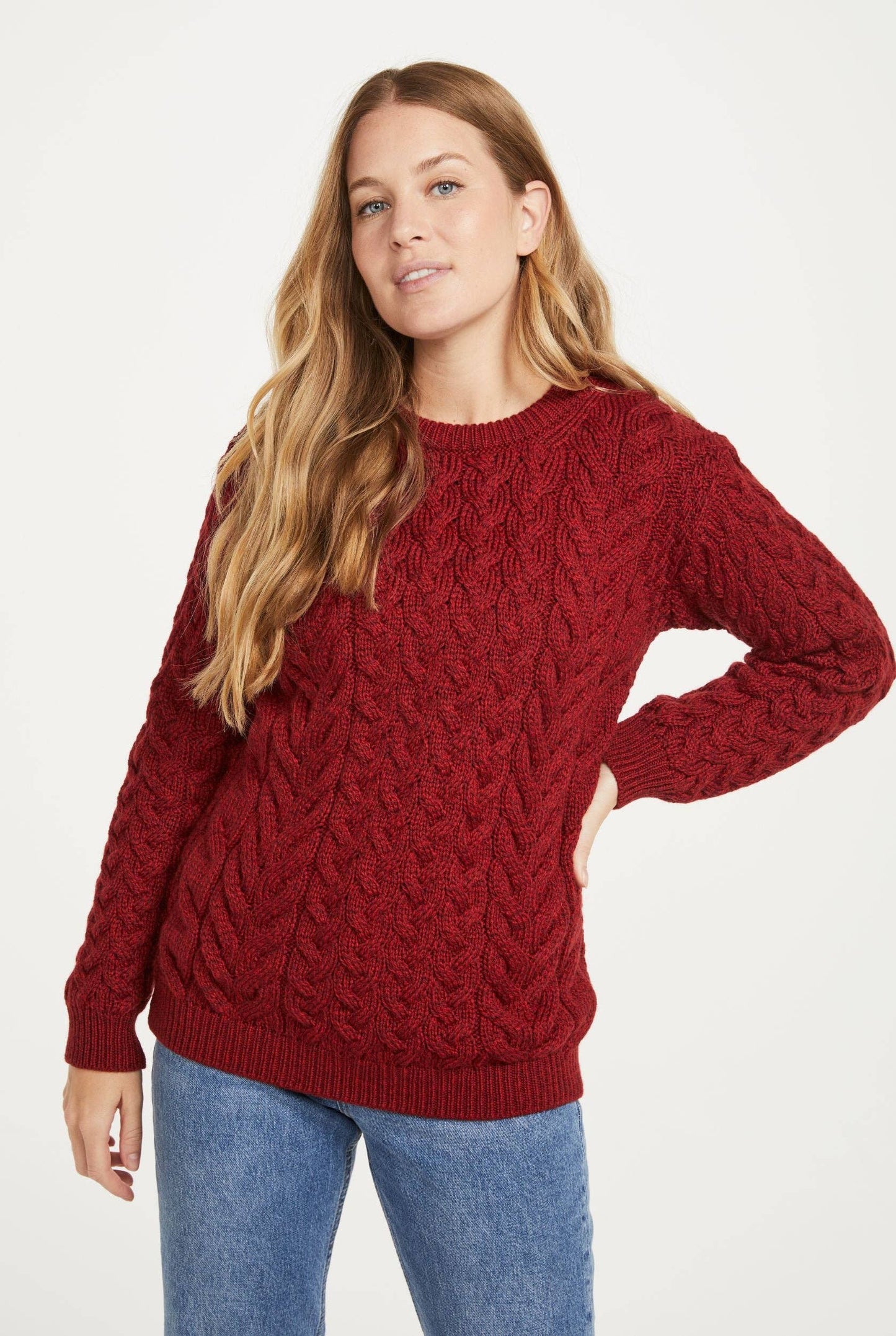 Omey Ladies Aran Crew Neck Sweater - Rua Red: S