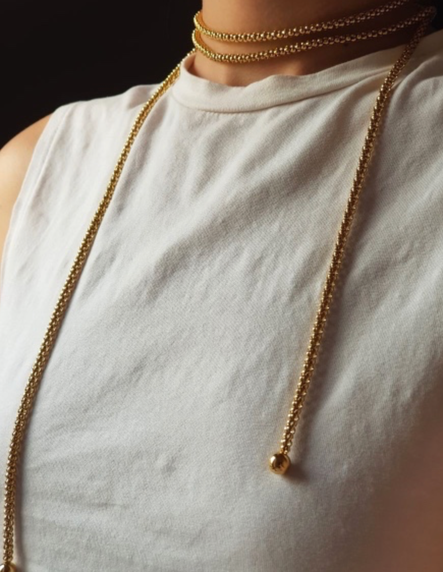 Audrey Lariat Rope Tassel Ball Chain Wrap Steel Necklace: Yellow Gold