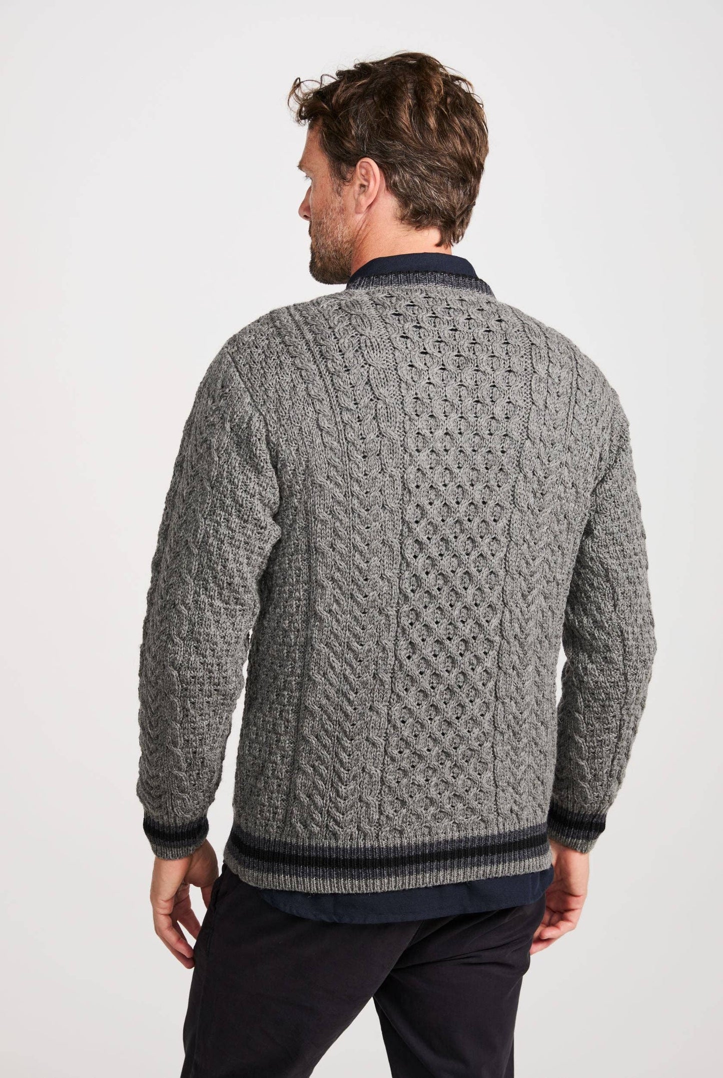 Inishbeg Mens Stripe Crewneck Aran Sweater - Grey