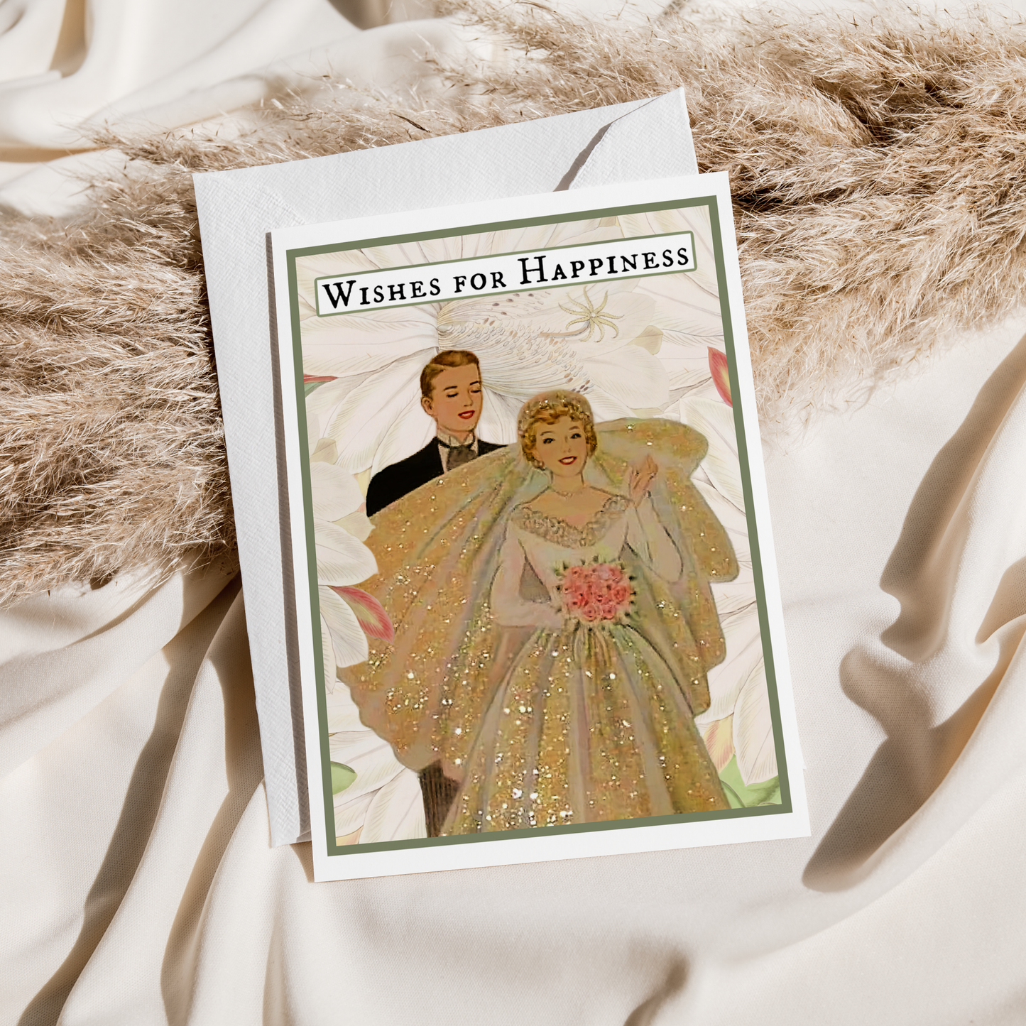 Wedding Card. Vintage Bride and Groom. Wishes for Happiness.