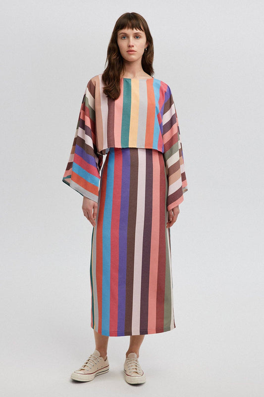 LINEN LOOK BLOUSE SKIRT SET: Multi-Colored / 38
