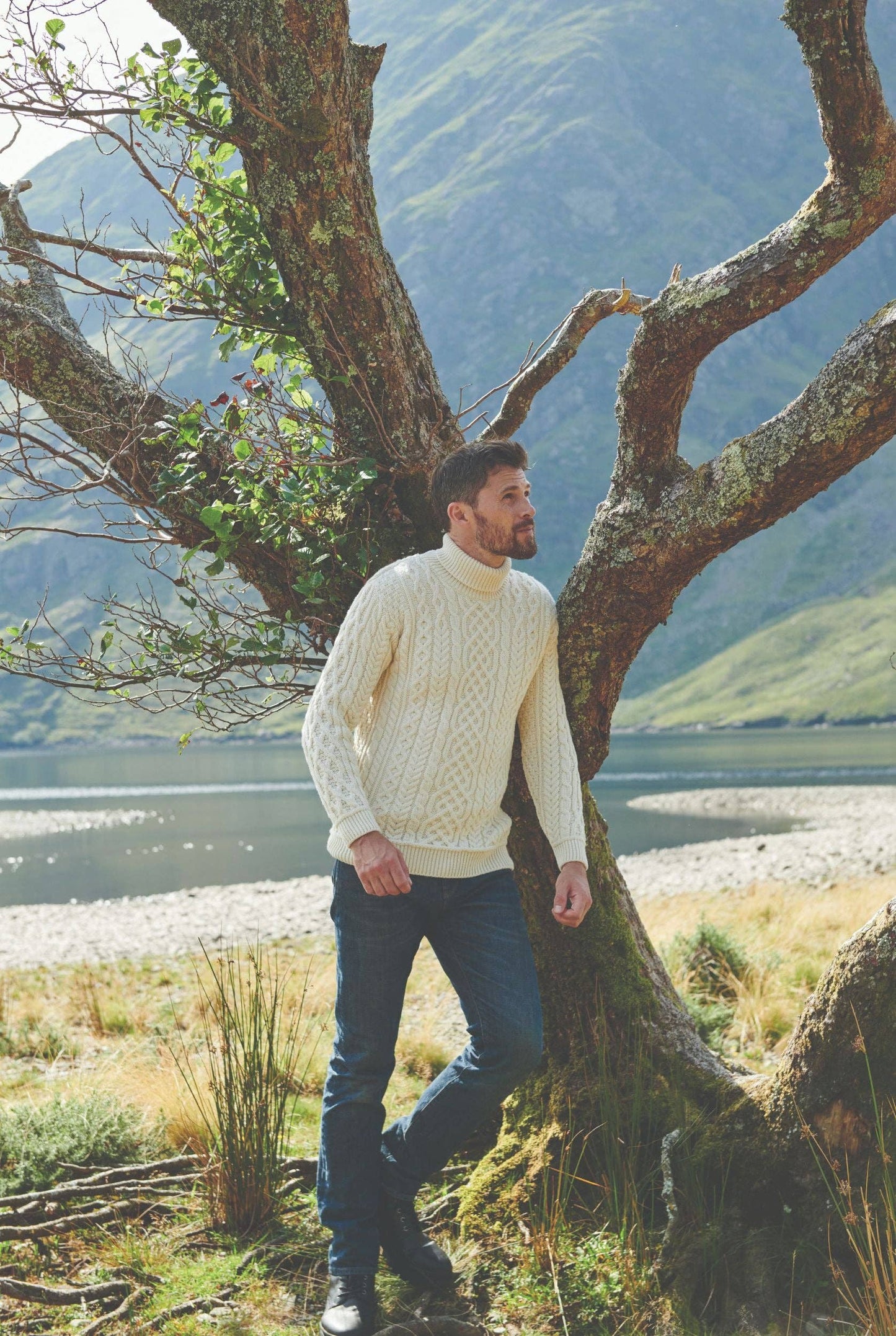 Kylemore Mens Aran Polo Neck Sweater - Cream: S