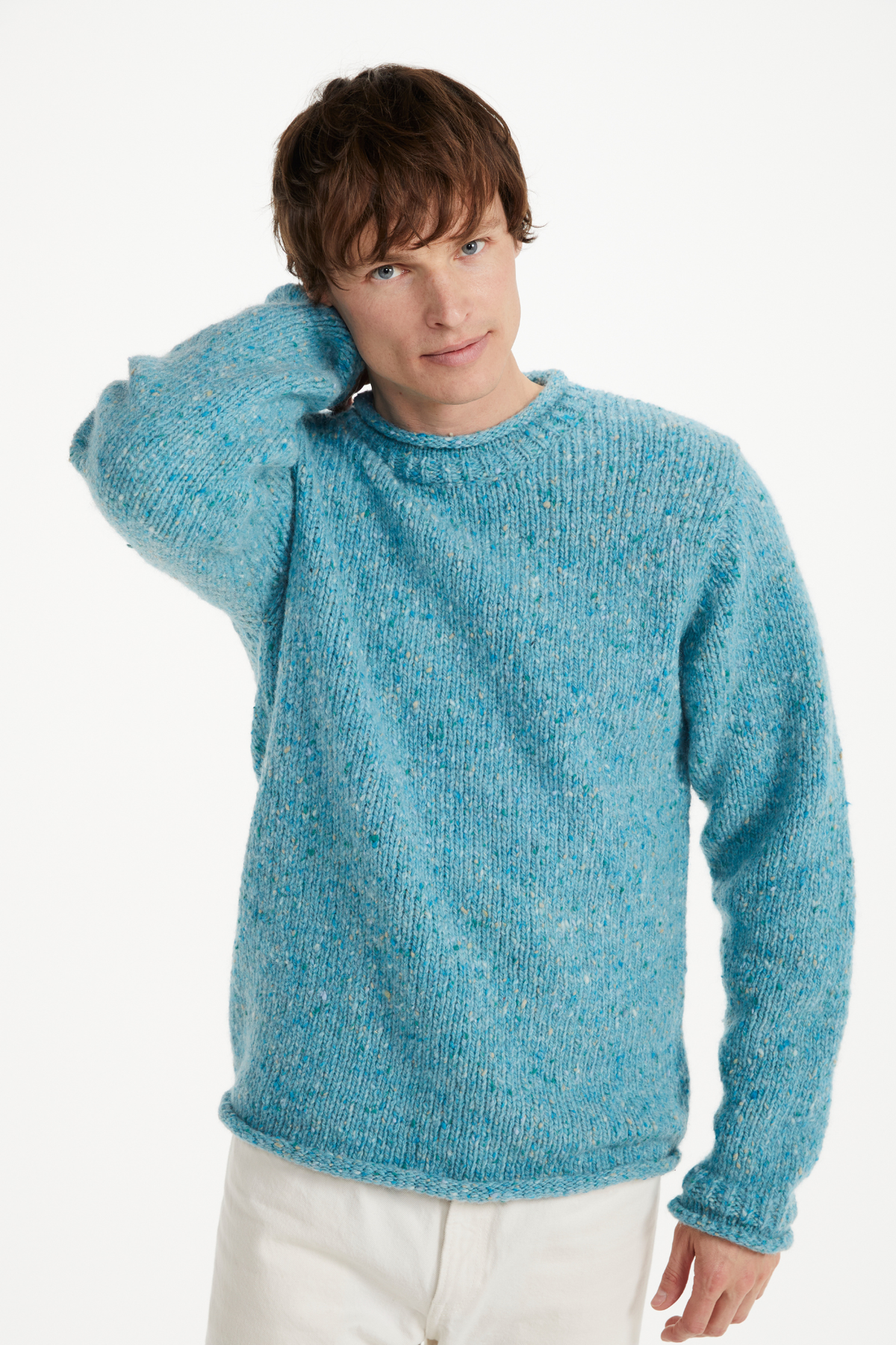 Raheen Tweed Roll Neck Mens Sweater - Aqua Blue: M