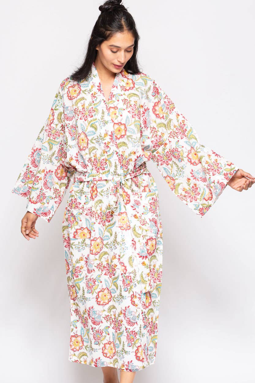 Reva Block Print Kimono Robes: Blue Multi