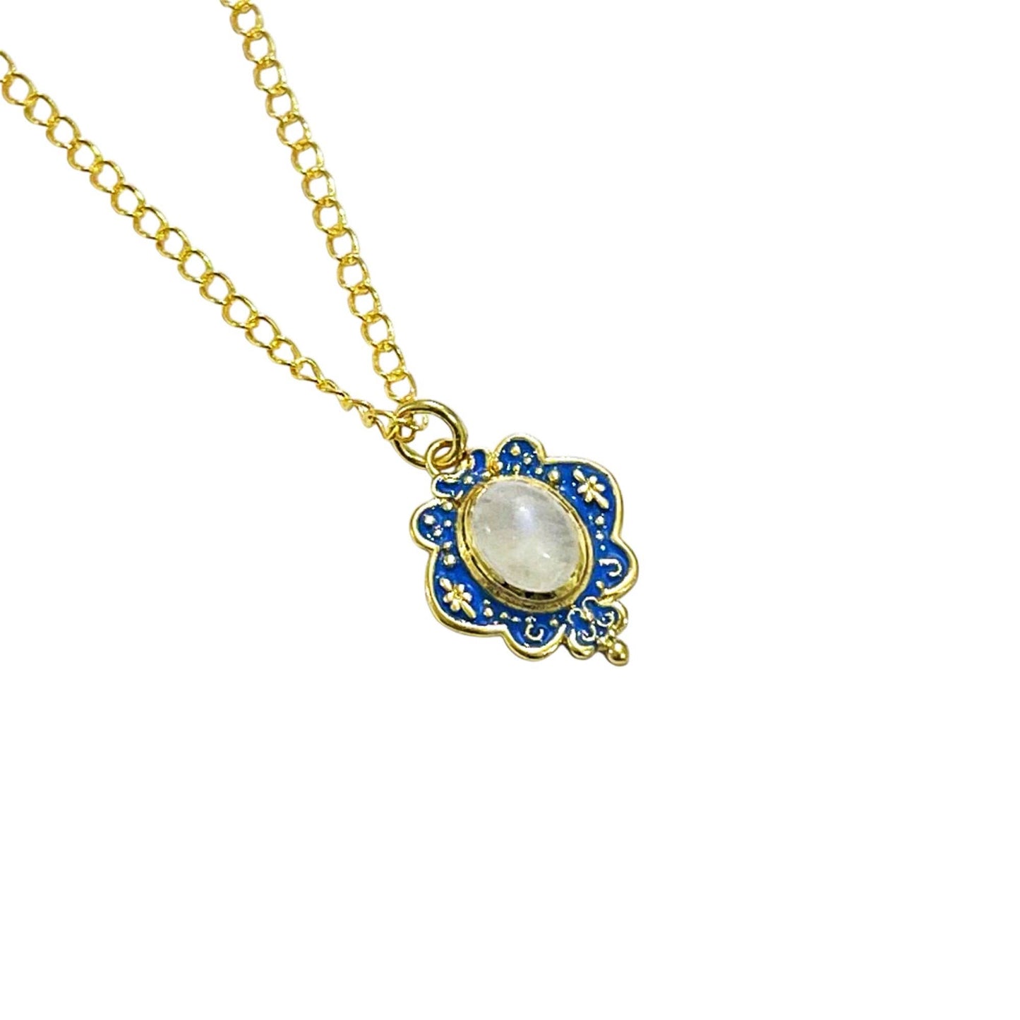 Moonstone Gold Plated Blue Enamel Necklace