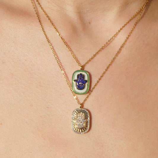 Hamsa Enamel and Crystal Necklace Double Sided Amulet