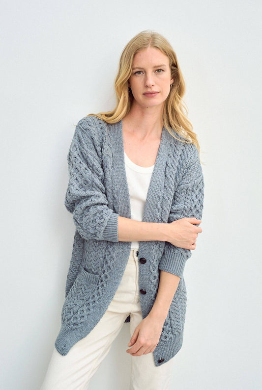 Delphi Aran Boyfriend Cardigan - Blue Grey