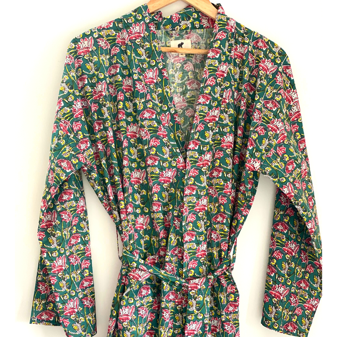 Womens Kimono Robe - Floral Garden cotton print green + bag: 44 / L